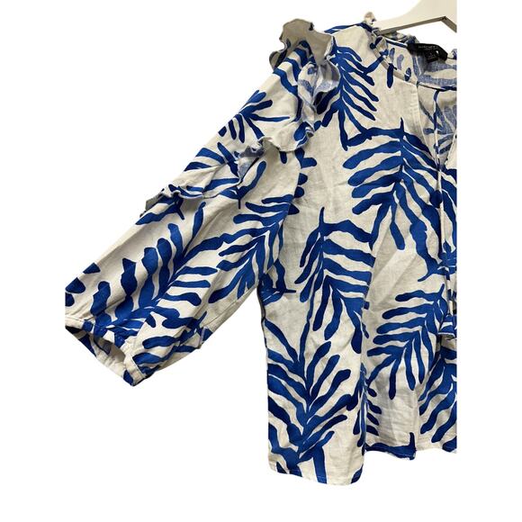 Size Large Linen Blend Resort Blue Boho Tropical Pool Vacation Ruffle Blouse Top - Picture 3 of 11